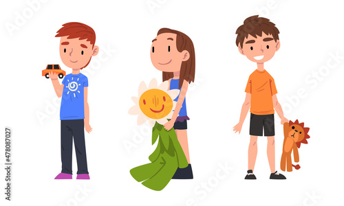 Little Boy and Girl Holding Favorite Toy Car and Lion Vector Set