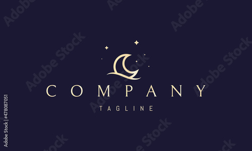 Vector golden logo on which an abstract image of the moon sleeping on the sea waves against a background of stars.