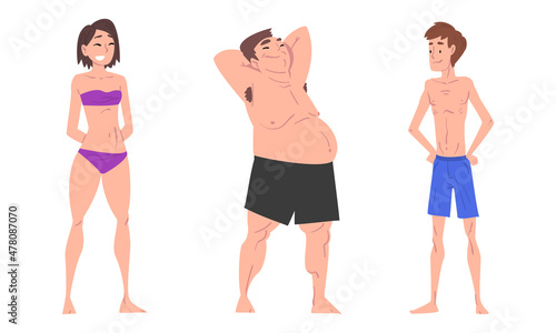 People Character in Swimsuit and Trunks Standing and Sunbathing at Sun Vector Set