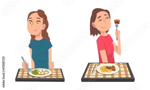 Woman Eating Delicious Meal from Plate Sitting at Table with Checkered Tablecloth Vector Set