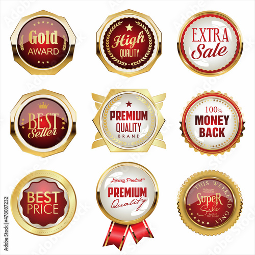 Retro vintage gold and red badges and labels collection