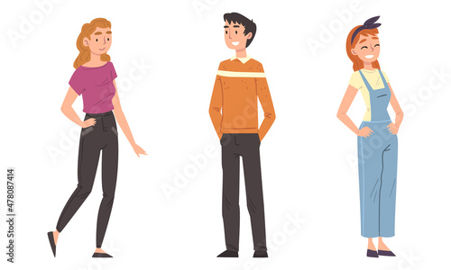 Happy Smiling Man and Woman Character Standing Vector Set.