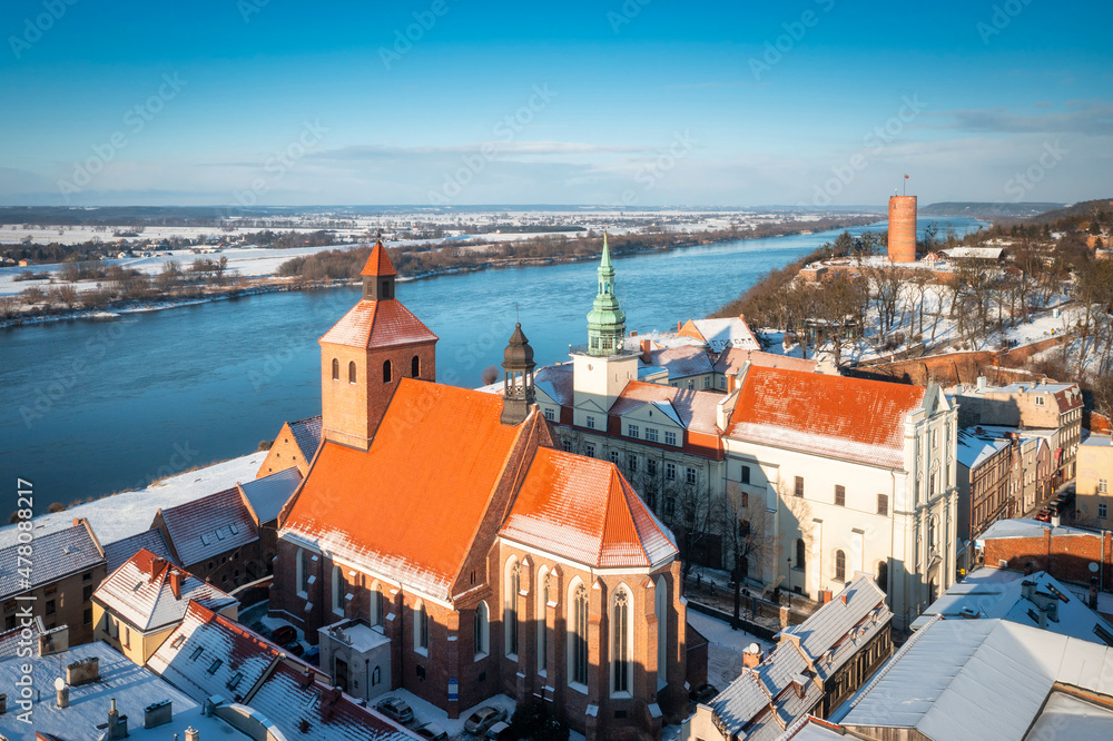 Grudziadz city by the Vistula river at snowy winter. Poland