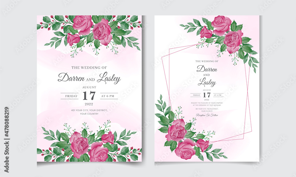 Wedding invitation card set with abstract and pink flower watercolor background. Editable premium vector template