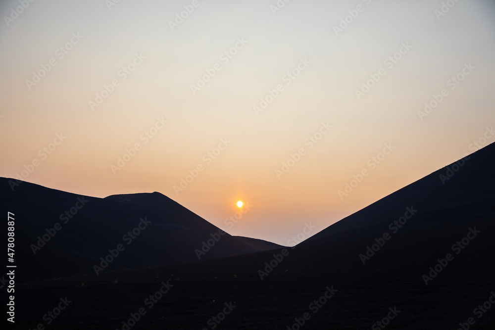 Sunset in the mountains of volcano Tolbachik