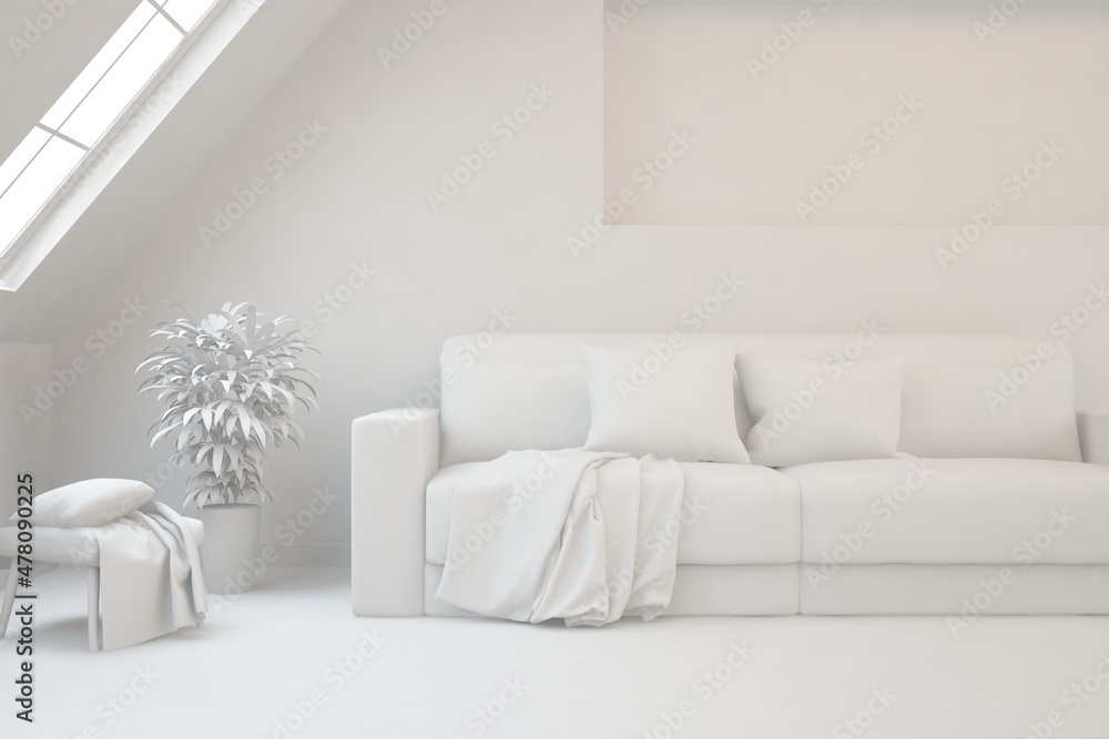 White living room with sofa. Scandinavian interior design. 3D illustration White living room with sofa. Scandinavian interior design. 3D illustration