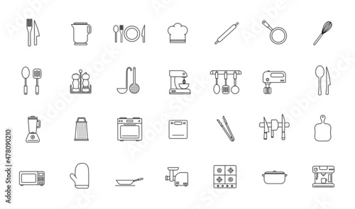 Kitchen and cooking thin icons set. Outline stroke icon design.