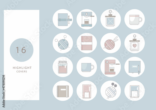 Highlight covers backgrounds. Set of cute hygge elements and home decorations.