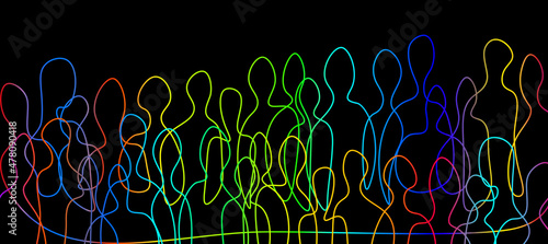 Creative Concept of people Connection and Communication. large Crowd of Colored Persons Line in black background. Connect people Abstract  photo