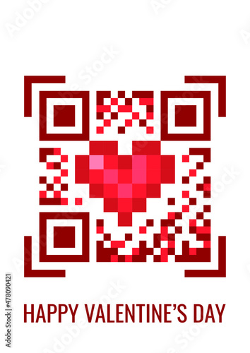 vector pixel pattern in the shape of a heart in red colors stylized as a qr code isolated on a white background. useful as Valentine's Day card, declaration of love, for web and graphic design, print