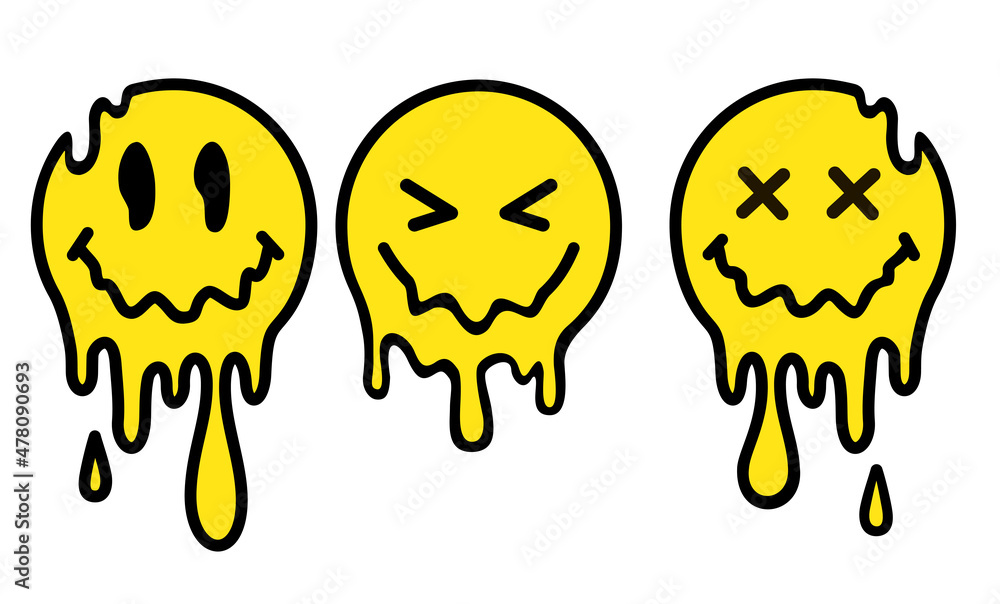 Funny melt smile faces set collection. Melted smile faces in trippy