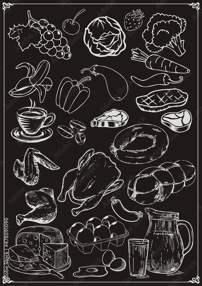 Vegetables, fruits, meat and dairy products. Vector illustration, hand-drawn sketch. For plotter cutting. For decorating shop windows and cafes. Set of grocery store design elements isolated on black 