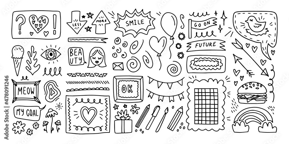 Doodle hand drawn set. Creative abstract sketch outline elements. For diary,  planner Stock Vector | Adobe Stock