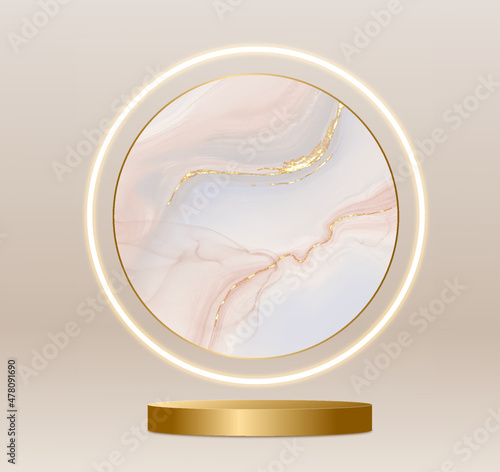 Marble white background with podium neon lights.For present product