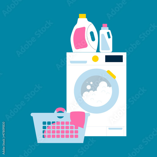 Laundry illustration - washing machine, basket with linen and detergent bottles. Flat bright print about household appliance.