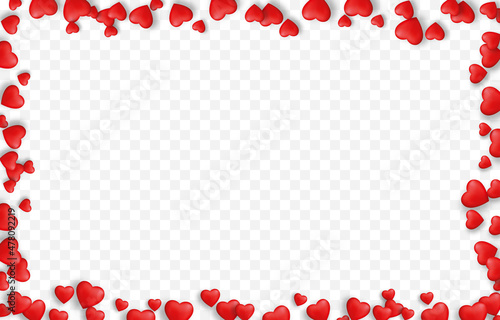 Vector realistic hearts png. Frame of red hearts on an isolated transparent background. Frame for design. Holiday, Valentine's Day, PNG.