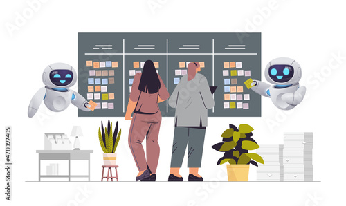 businesswomen with robots helpers planning day scheduling appointment time management artificial intelligence