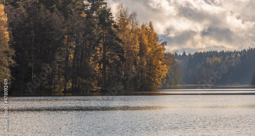 Wallpaper Mural Sunny autumn in the park. Autumn landscape with colorful yellow, orange and red trees and reflection in the pond. Torontodigital.ca