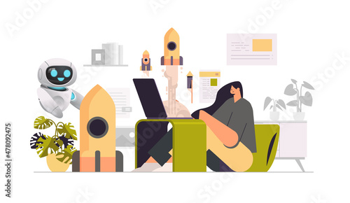 businesswoman with robot helper launching rocket creative project startup business artificial intelligence concept