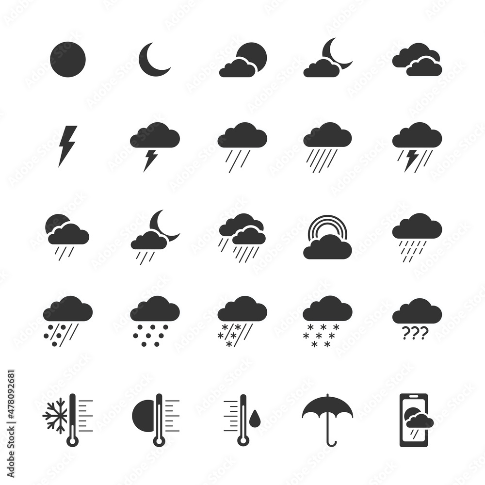 Weather black glyph icons set on the white background Weather black glyph icons set on the white background