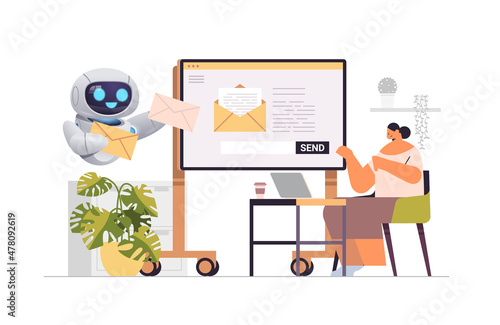 businesswoman with robot helper sending or receiving letters email inbox message notification artificial intelligence