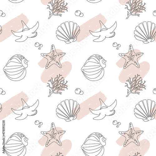 Abstract seamless pattern of sea shells and starfishes and underwater animals. Elegance outline seashells scallop and corral in white background. Modern backdrop wallpaper. Doodle vector illustration