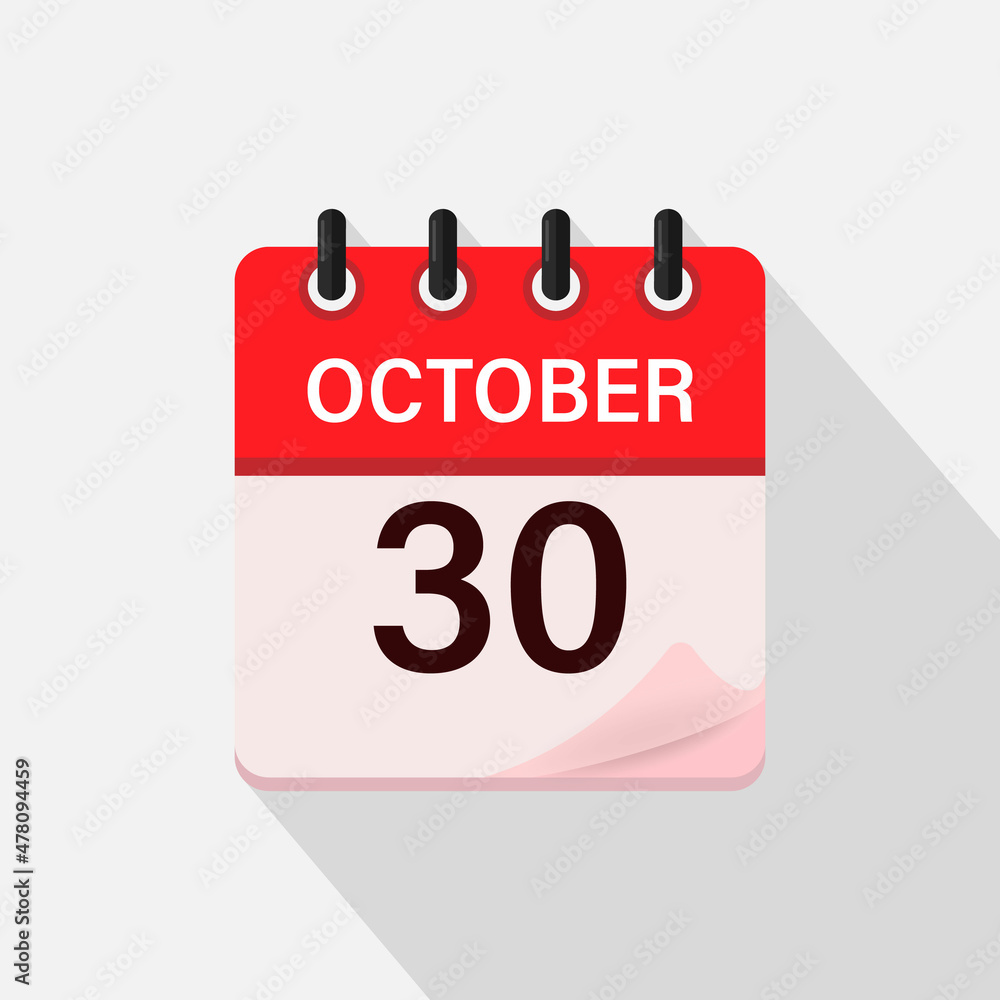 October 30, Calendar icon with shadow. Day, month. Flat vector illustration. October 30, Calendar icon with shadow. Day, month. Flat vector illustration.