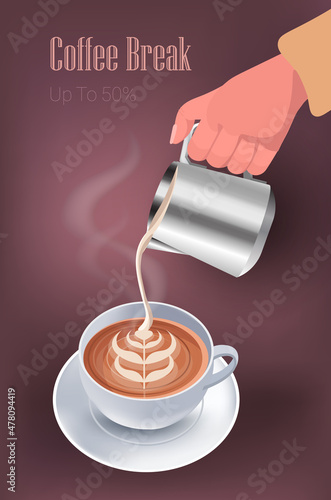 hand of barista pouring warm milk in cappuccino coffee break concept