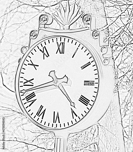 A large round mechanical clock with Roman numerals in the park. A dial with arrows showing the time. Black and white sketch.