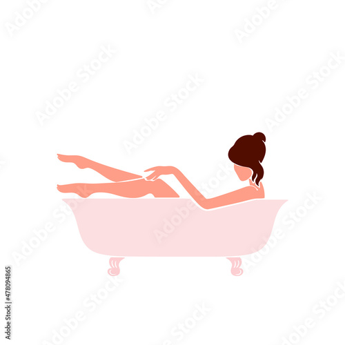 Beautiful woman lies in the bath. The lady is bathing. Stock vector flat illustration isolated on white background.