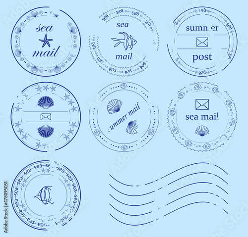 blue round design elements ornated seashells and fishes - vector postage stamps. For letters, postcards, posters
