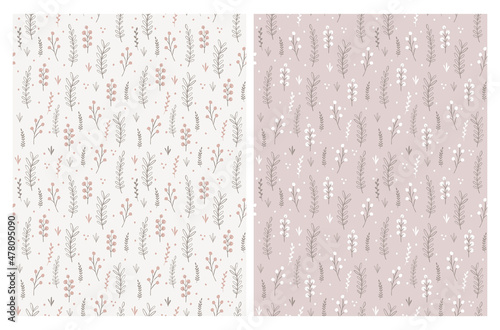 Cute Hand Drawn Floral Vector Patterns. Light Pink and Light Brown Flowers, Leaves and Twigs Isolated on a Dusty Pink and Off-White Background. Infantile Style Floral Garden Print ideal for Fabric.