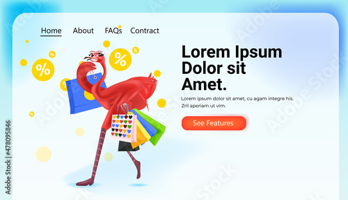 cute ostrich with purchases animal holding shopping bags holiday sale special discount concept