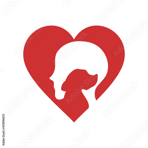 Man and dog inside heart. Animal care logo. Dog shelter symbol. Adopted animal sign. Pet shop. Puppy and human silhouette. Owner training dog. Animal charity idea. Vector illustration, flat, clip art