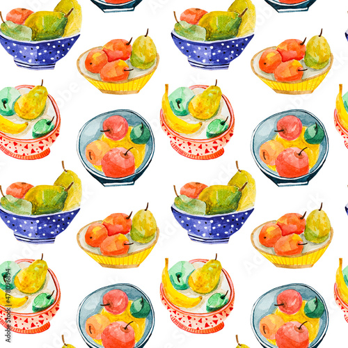 Watercolor seamless pattern of vegetarian still life of fruits on plates. Healthy food. Realistic bananas, pears and apples for printing on fabric and packaging.