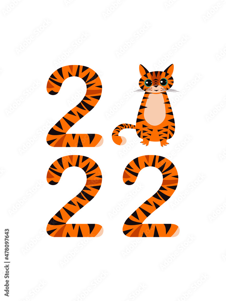 Fototapeta premium Funny symbol of Happy Chinese New Year 2022. Cartoon tiger and striped numbers isolated on white background. Simple flat illustration style. Vector.