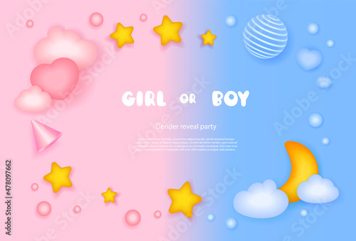 Boy or girl poster. Cartoon 3d gender reveal invitation template. Birthday party.