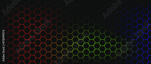 Dark gray technology hexagonal background. Abstract black pattern of hexagons with gradient backlight. Dark hi-tech futuristic backdrop. Modern futuristic vector texture. EPS 10