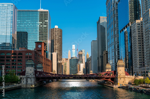 Panorama cityscape of Chicago downtown and River with bridges at day time  Chicago  Illinois  USA. A vibrant business neighborhood