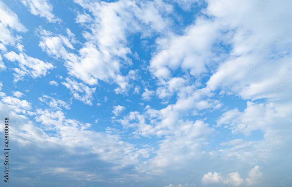 Clear blue sky with white fluffy clouds at noon. Day time. Abstract nature landscape background. Clear blue sky with white fluffy clouds at noon. Day time. Abstract nature landscape background.