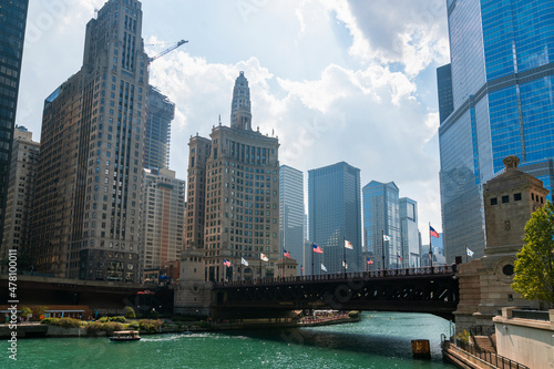 Panorama cityscape of Chicago downtown and River with bridges at day time  Chicago  Illinois  USA. A vibrant business neighborhood