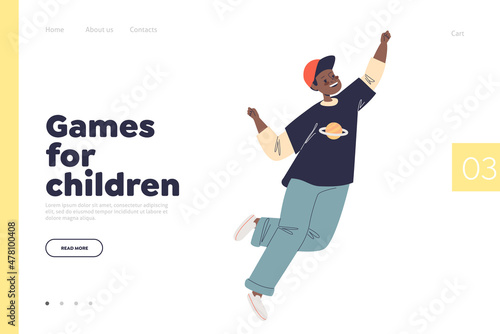 Fototapeta Naklejka Na Ścianę i Meble -  Games for children concept of landing page with excited african american boy cheerful jumping up