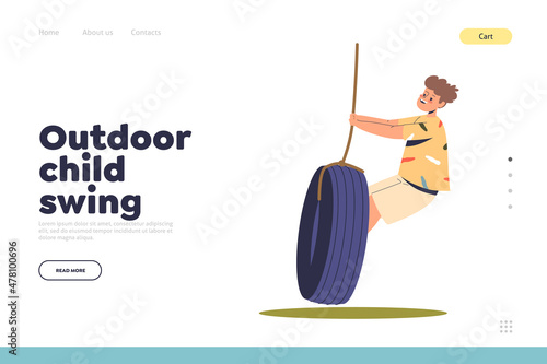 Outdoor child swing concept of landing page with cute boy kid riding tire swing