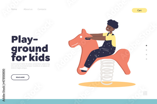 Playground for kids concept of landing page with cute boy child playing on horse swing on spring