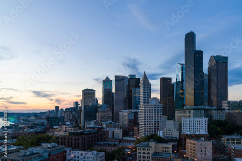 Seattle aerial skyline panorama of downtown at sunset, Washington USA. © VideoFlow