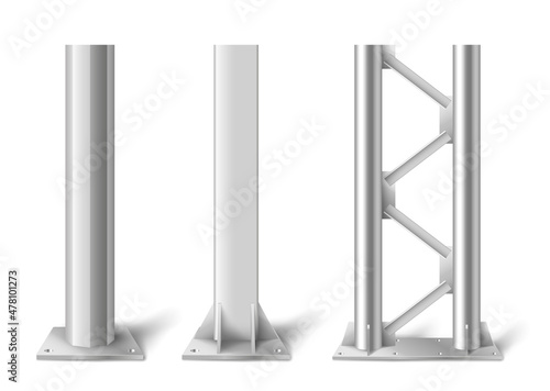 Realistic metal poles. Silver metal vertical pillars, glossy aluminum construction