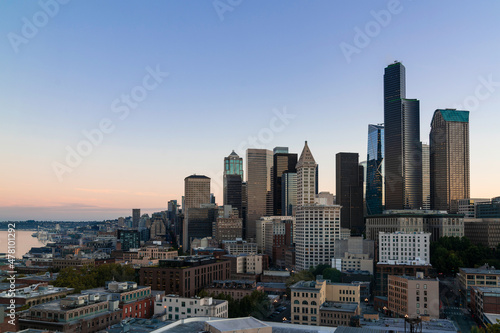 Seattle aerial skyline panorama of downtown skyscrapers at sunrise  Washington USA.