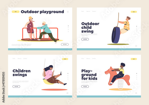 Kids on swings on playground concept of landing pages set with children playing on merry-go-round