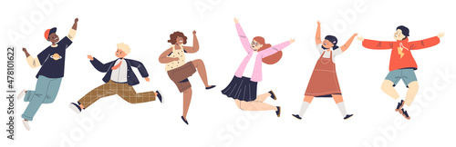 Group of excited cheerful kid jumping. Funny preschool children, friends or classmates happy smiling