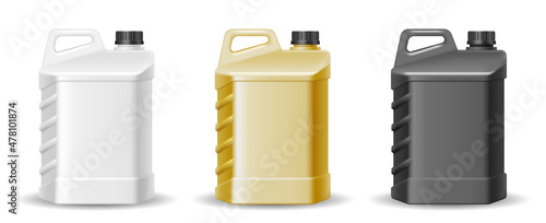 Set of plastic canister with blank label. Package bottle containers with handle and screw cap of oil